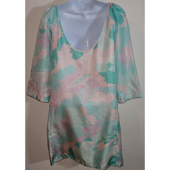 VTG Tara Jarmon Green Pink Retro Shift Mini Dress 38 US M 8 10 100% Silk - Picture 2 of 7